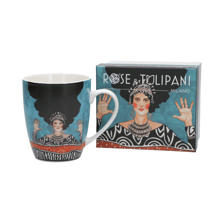 Box mug azzurro-nero con donna